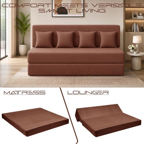 Image of Los Angeles Foldable Four Seater Sofa Cum Bed, Sofa Bed 6 X 6 Ft, Jute Fabric Washable Cover Including 4 Cushion Perfect for Living Room - Brown Color