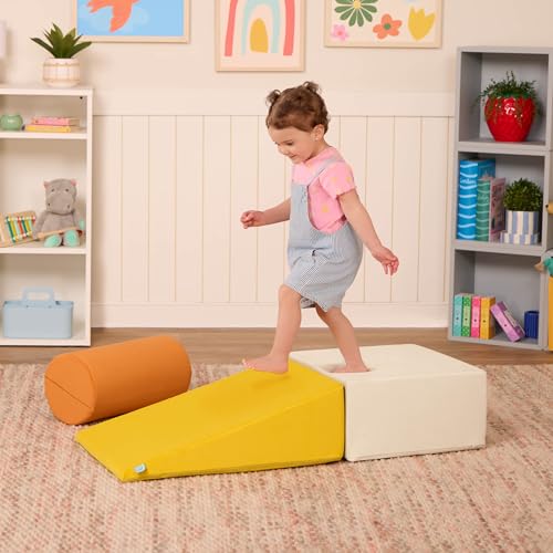 Image of B. toys WonderShapes Foam Climbing Blocks, 3-Piece Soft Play Set, Ramp Foam | Includes 1 foam cylinder, 1 ramp, and 1 block with easy-grip handles, machine-washable covers, indoor play, 1+ Years