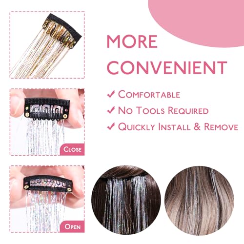 Image of WENNALIFE Hair Tinsel kit for Girls, Clip in Hair Tinsel Gold, 12PCS 24 Inch Accessories for Women Clip in Colorful Glitter Fairy Girls Accessories for Kids