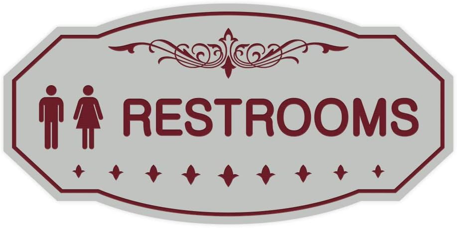 Signs ByLITA Victorian Unisex Restroom Sign (Light Grey/Burgundy) - Medium 1 Pack