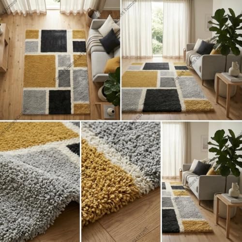Image of SWEET HOMES Carpets for Living Room Bedroom Handwoven Ultra Soft Irregular Shaggy Rug, 10 x 14 Feet (305 x 427 cm), Yellow Grey