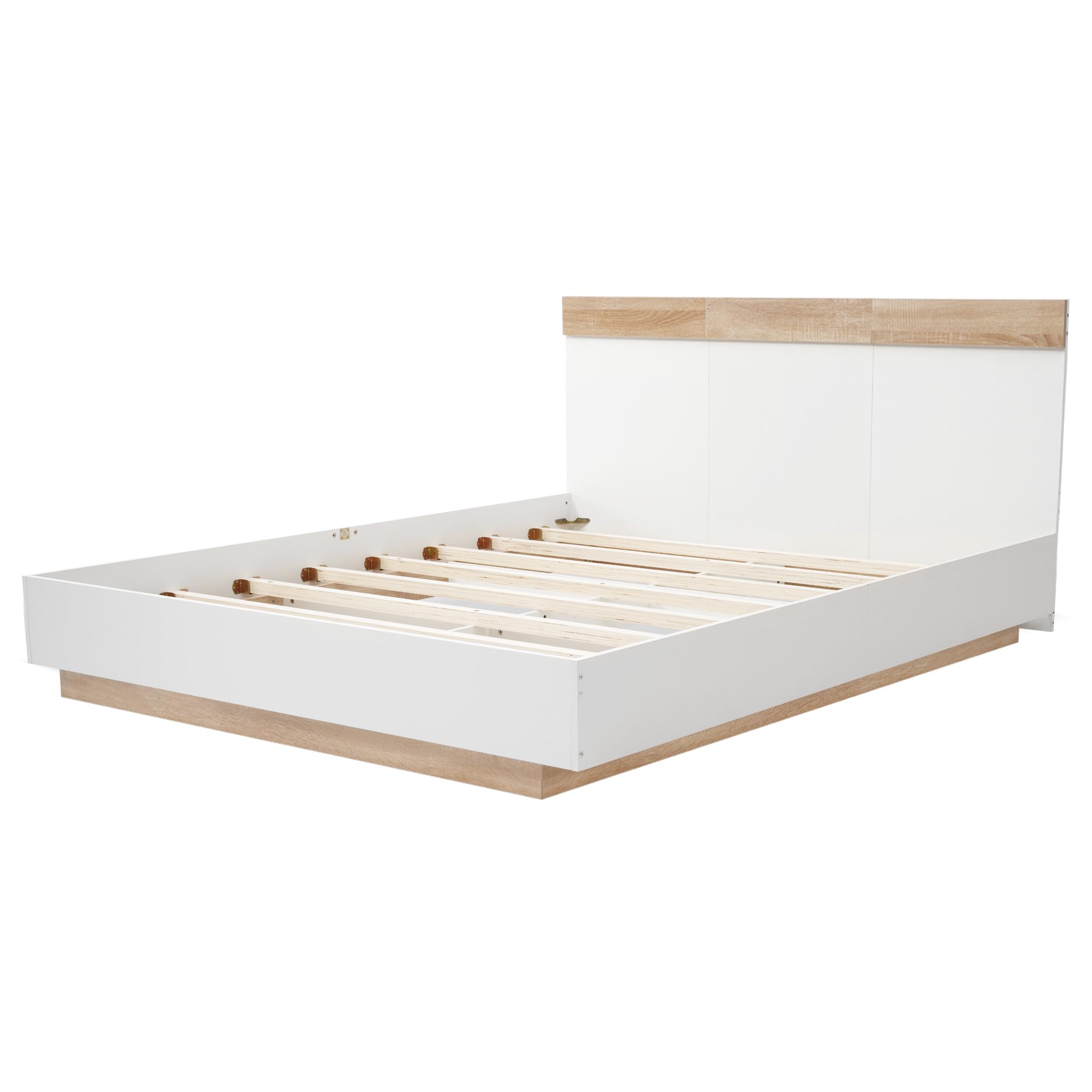 Kayan Holzbett Doppelbett 180x200 cm, Schwebebett mit Kopfteil aus Bettgestell &Lattenrost, Eiche Sonoma/Weiß, Ohne Matratze (180x200cm)
