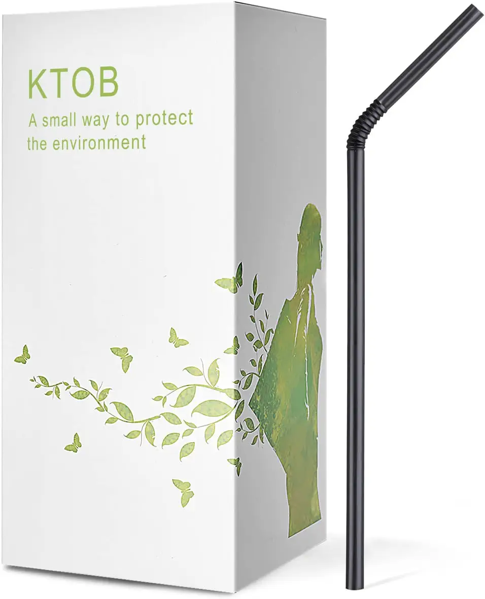 200 Count 100% Plant-Based Compostable Black PLA Straws-KTOB Biodegradable Flexible Drinking Straws - A Fantastic Eco Friendly Alternative to Disposable Plastic Bendable Plasticless Straws