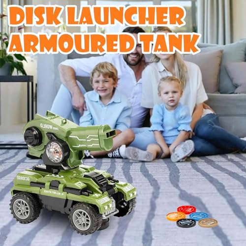 Image of VGRASSP Bump and Go UFO Disc Launcher Tank Toy for Kids with 5 Discs - Automatic Rotating Turret Shooter with Cool LED Lights and Sound Effects - Interactive Musical Vehicle Gift - Color As Per Stock