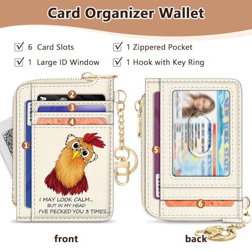 Image of GIANCOMICS Slim Wallet Credit Card Holder Women, Funny Chicken Rfid Blocking Small Card Case, Keychain Thin Pocket Curved Zipper Wallet, Travel Card Holder PU Leather ID Window, Ladies Female Gifts