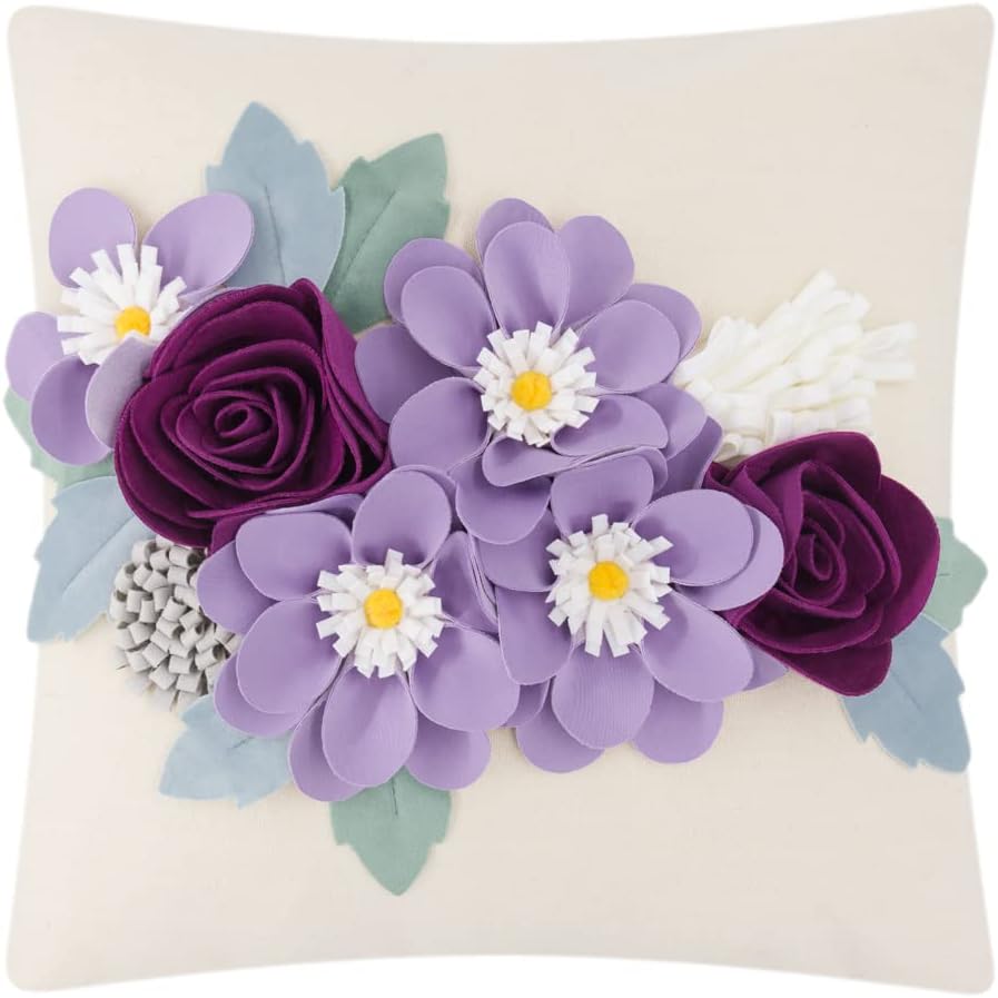 JWH 3D Flower Throw Pillow Cover Aesthetic Decorative Floral Accent Pillow Case Colorful Cushion Handmade Pillowcase for Bed Living Room Couch Office 18x18 Inch Beige Purple Burgundy