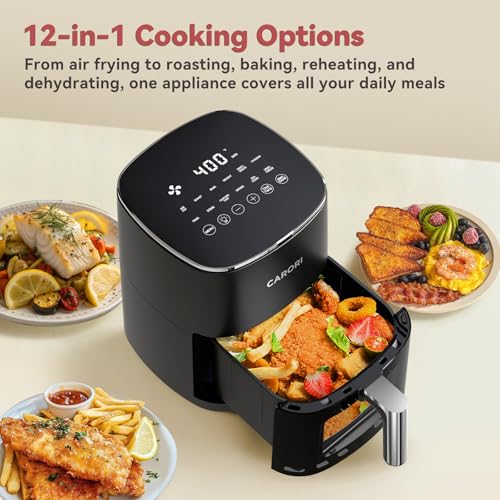 Image of CARORI 6 Qt Air Fryer with Viewing Window, 12 Presets and DIY Mode, 1700W, 400F Max, Large Nonstick Dishwasher-Safe Basket, Bake, Roast, Reheat, Dehydrate, Black
