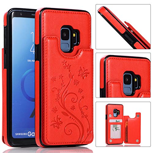 QFUN Back Wallet Case for Samsung Galaxy S9 with Stand, Elegant Embossed Design [Butterfly Flower] Lightweight Slim Fit Leather Phone Case with Card Holder Protective Bumper Flip Cover - Red