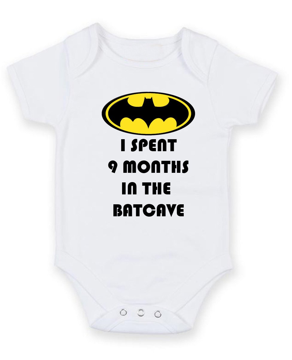 FoxyPrinting I Spent 9 Months In Batcave - Personalised Baby Boy Girl Baby VestUnisex Short Sleeve Bodysuit (3-6 months)