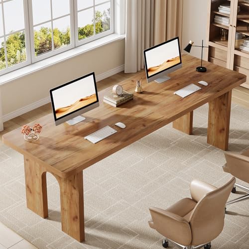Image of Tribesigns Two Person Desk, 78.74-Inch Extra Long Computer Writing Desk Office Table Double Workstation for Home Office, Natural Oak