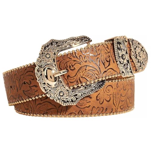 Tgirls Women Western Belts Cowboys Cowgirls Belt for Jeans Brown Country Leather Belt with Gold Buckle