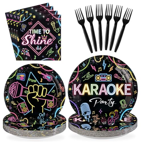 Greencian 96Pcs Karaoke Party Supplies Music Disco Microphone Plates and Napkins Karaoke Night Neon Music Theme Tableware Set for Popular Singer Social Media Birthday Party Decorations Serves 24