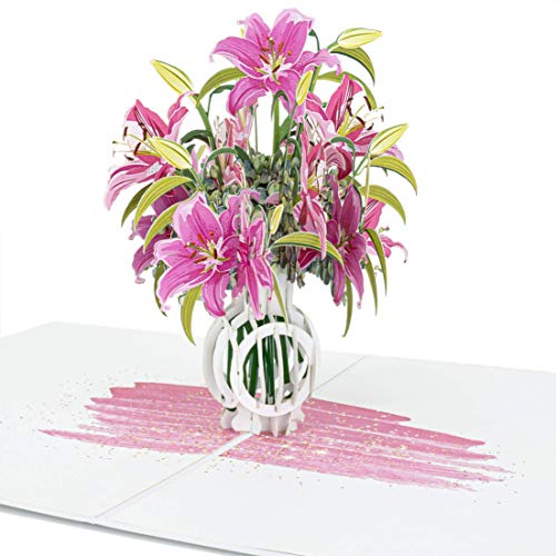 LIMAH® Pop-Up 3D Grußkarte/PopUp 3D Blumen-Karte zum Geburtstag für Sie Muttertag Valentinstag Hochzeit/Lilien in einer Vase Motiv/in Rosa Weiss