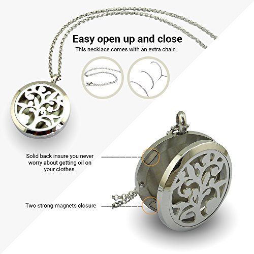 Essential Oil Diffuser Necklace for Aromatherapy with Two Silver Stainless Steel Adjustable Chain Necklaces, and the Tree of Life Locket Jewelry Design, for Women, Girls