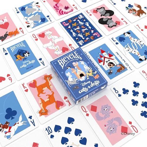 Image of Bicycle Disney Cats and Dogs Playing Cards Lady Tramp Chesire 1 Deck | Disney dogs in black suits cats in red, Ensemble card back with Dalmatians Lady and Tramp and Cheshire Cat