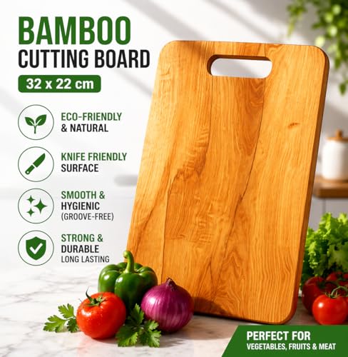 Image of Bamboo Cutting Board 32 x 22 cm for Kitchen | Wooden Chopping Board for Vegetables, Fruits & Meat | Eco-Friendly, Knife Friendly, Durable & Easy to Clean | Smooth Hygienic Surface
