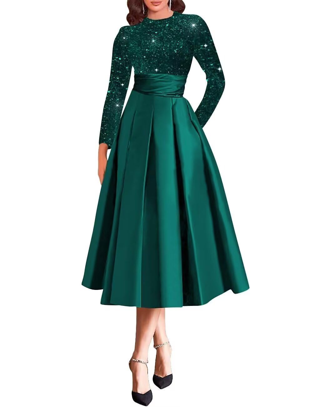 Sparkly Sequin Wedding Gown Long Sleeve Tea Length A Line Formal Dress Mother of The Bride Dresses for Women