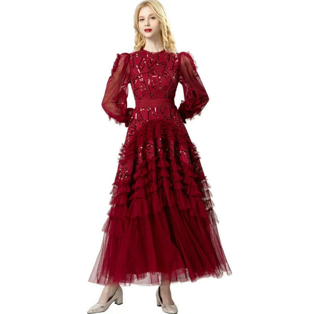 GLDFW moda damska elegancka sukienka siatkowa cekinowa wysadzana okrągłym dekoltem z długim rękawem duża huśtawka sukienka maxi odzież damska