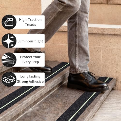 Image of Glow in Dark Anti Slip Tape, 4 inch x50FT Heavy Duty Waterproof Safety Grip Tape for Stairs, Pool, Bathroom - Black & Glow Stripe Indoor /Outdoor Multi-Purpose Traction Tape