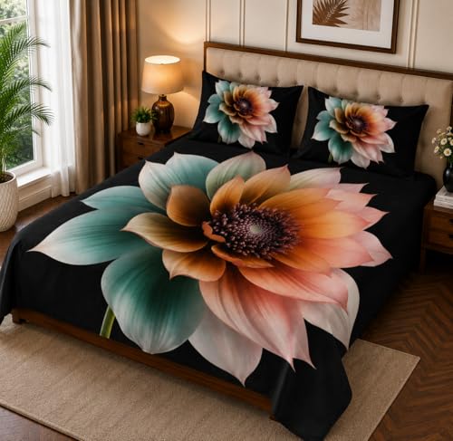 Image of 7D Digital Printed King Size Bedsheet | 240TC Premium Cotton Feel Microfiber with 2 Pillow Covers | Soft Breathable & Wrinkle Free Bedding Set | (TealBlack, King Size-225x250CM)