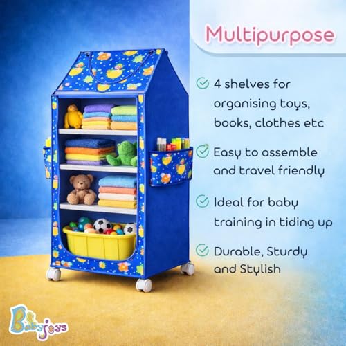 Image of Multipurpose Baby Wardrobe Organizer with 4 Shelves | Baby Clothes Organizer & Storage | Baby Almirah /Almera Plastic Cupboard for Clothes, Foldable (Unbreakable Material) | Royal Blue