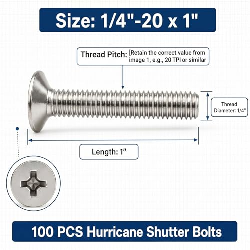 Image of Blulu 100 Pcs 1 /4 inch-20 x 1 Hurricane Shutter Fasteners, 304 Stainless Steel Sidewalk Bolts, Truss Head Machine Screws for Exterior Window Panels and Doors Hardware