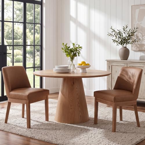 Image of Brown Faux Leather Dining Chairs Set of 2, Upholstered Dining Room Chairs | Comfortable Back Support, Sturdy Brushed Solid Wood Legs, Modern Farmhouse Kitchen Chairs for Living Room, Home, Apartment