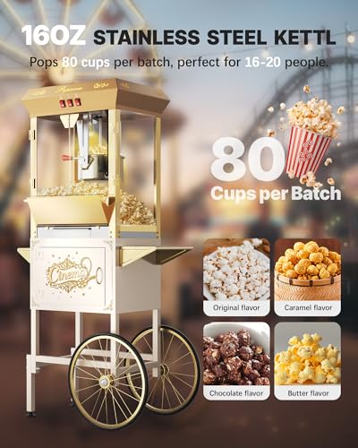 Image of 16 oz Upgraded Commercial Popcorn Machine with Cart, Large Popcorn Machine Makes Up to 80 Cups, Movie Theater Pop Corn Machine with Easy-Rolling wheels & Stainless-Steel Kettle, Beige&Gold
