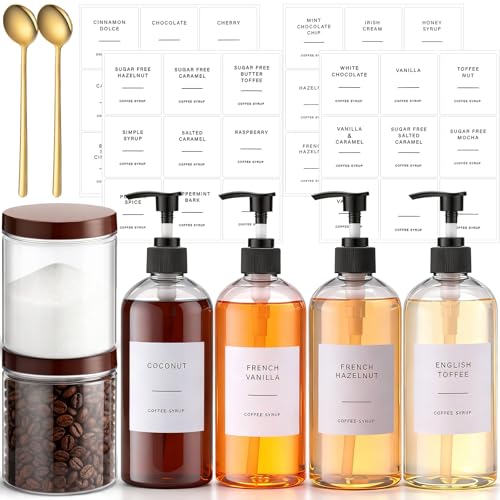 Acellegic 9 Pcs Coffee Syrup Dispenser Set 16.9 oz Plastic Coffee Syrup Dispenser Pump Bottle 16.9 oz Pet Jar with Lids Gold Spoon and Labels for Home Bar Organization