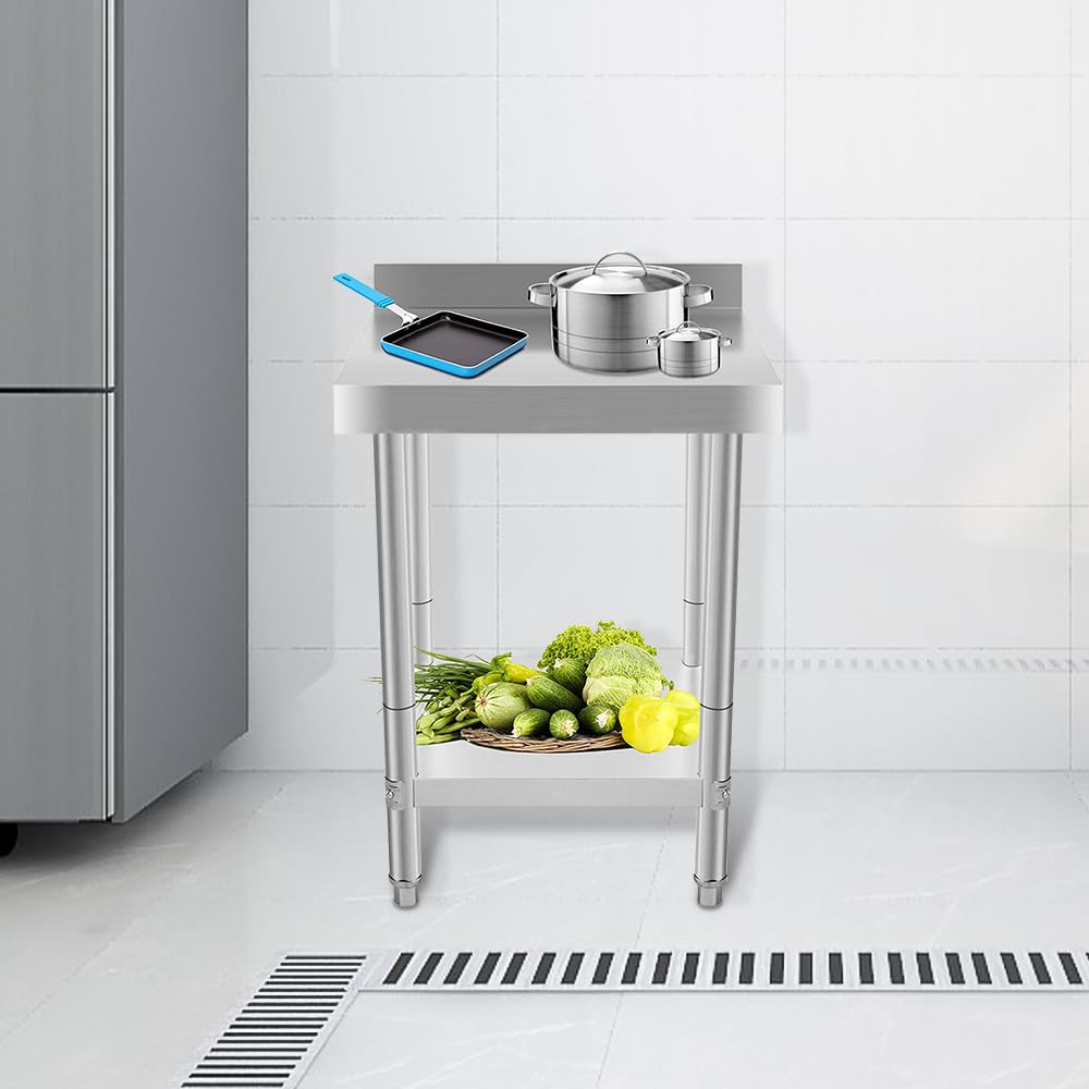 homewell Tavolo da lavoro cucina in acciaio inox, preparazione professionale cucina, lavoro cucina a 2 piani in acciaio inossidabile per preparazione cucina cibo pasto hotel uffici ospedali, 61 x 61 x