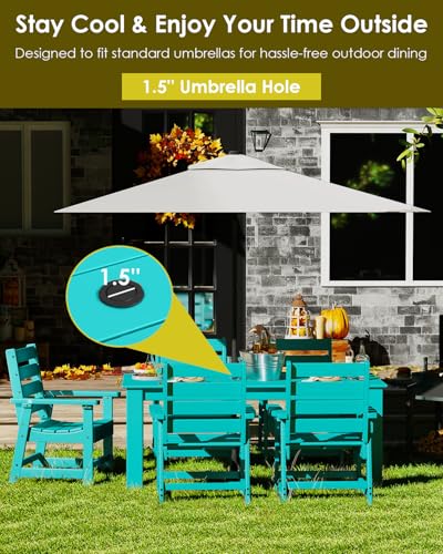 Image of GREENVINES Outdoor Dining Table | 67'' | HDPE | Rectangle Tables for 6 | All-Weather | Umbrella Hole | Patio Furniture | for Poolside Backyard Garden | Aqua
