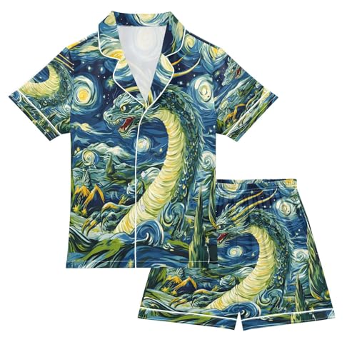 ALAZA Van Gogh Style Dragon Satin Pajamas Set Short Sleeve Button Down Sleepwear Summer Pjs 2 Piece