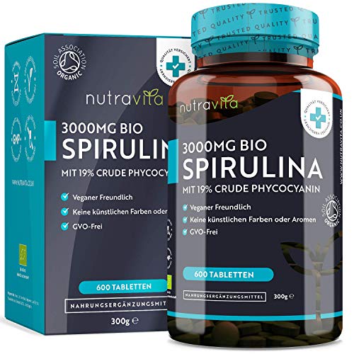 Bio-Spirulina 500mg pro Tablet (3000mg pro Tag) mit 19% rohem Phycocyanin – 600 Tabletten – für Veganer geeignet; mit Biosiegel der Soil Association –