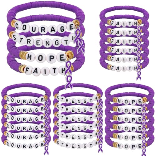24 Pcs Purple Pancreatic Cancer Awareness Products Overdose Awareness Items Purple Ribbon Epilepsy Bracelets Pancreatic Cancer Gifts for Domestic Violence, Alzheimer, Lupus Charity Event