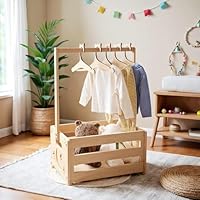Baby Shower Crate Closet With 5 Hangers, 33x23x51.5cm Wooden Baby Basket, Wooden BabyClothes Rail Hamper, BabyStorage Crate Hamper With Hanging Rail ForBaby Shower Pregnancy New Parent Gift