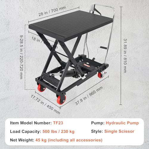 Image of VEVOR TF23 Hydraulic Lift Table Cart, 500lbs Capacity 28.5 inch with 4 Wheels and Non-Slip Pad, for Material Handling and Transportation, Black