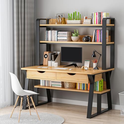 HOFMSX インダストリアル 引き出し2つと収納棚付き モダンなホームオフィス PC ノートパソコン 勉強机 小さなスペースに最適 (120cm、梨)