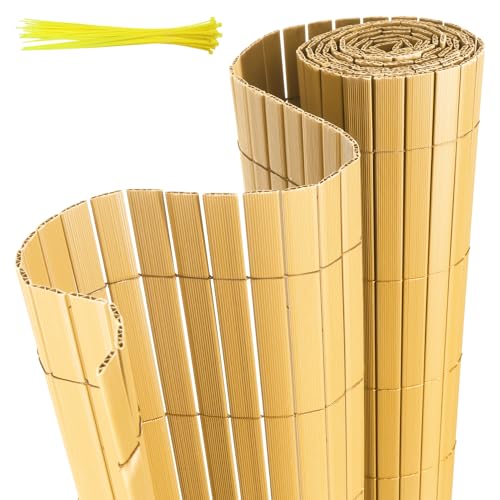 Jaxguom Brise-vue en PVC - 140 x 800 cm - Avec serre-câbles - Structure en W renforcée - Lamelles - Résistant aux intempéries - Pour balcon, jardin et terrasse - Bambou