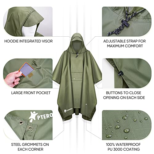 Image of PTEROMY Hooded Rain Poncho for Adult, Waterproof Lightweight Unisex Raincoat for Hiking Camping Emergency