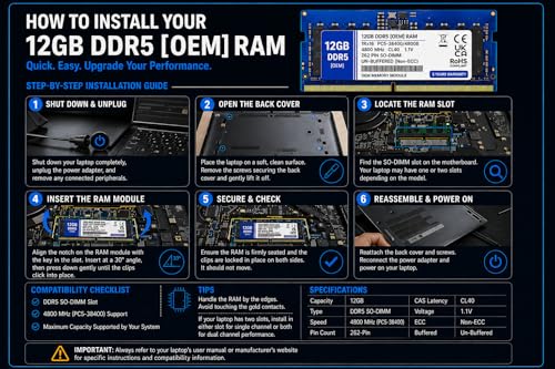 Image of 12GB DDR5 4800MHz OEM Laptop RAM Compatible with RAMAXEL [Key Specs: PC5-38400 /4800B | 262-Pin SO-DIMM | CL40 | 1Rx16 | 1.1V | Non-ECC] | 5 Years Seller Warranty