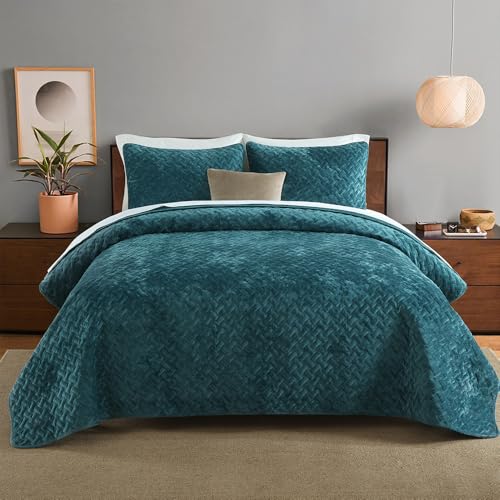 Liians Velvet Bedspread Quilt Bedding Sets,Luxury Ultra Soft Velvet Comforters Coverlet Blankets,Weave Stitching Pattern Cotton Quilted Bedspread for All Seasons,Teal,King Size