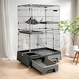 猫 ケージ キャットケージ ペットケージ トイレ付き 引き出し キャスター 3段 大型 猫用 キャットサークル コンパクト 組み立て簡単 梯子 ワイド扉付き おしゃれ 日本語説明書 頑丈 耐荷重10kg (グレー, 3段)