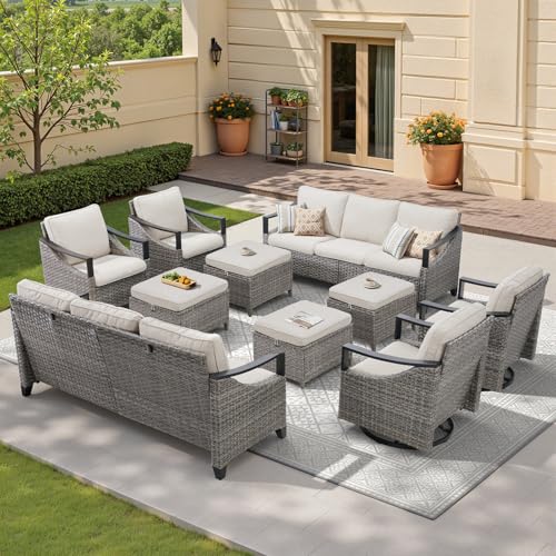 10 Piece Outdoor Patio Furniture Set-All Weather Outdoor Conversation Sets Sectional Sofa with Wicker Swivel Rocker Patio Chairs, Thick Cushions Ottomans for Porch Balcony Patio Deck Grey/Beige
