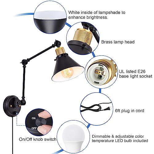 Image of TRLIFE Dimmable Wall Sconce, Remote Control Plug in Wall Sconces Dimming 10%-100% and Adjustable Color Temperature 2700K-6000K, Swing Arm Wall Lights with Plug in Cord, UL Listed(2 Pack, 2 Bulbs)