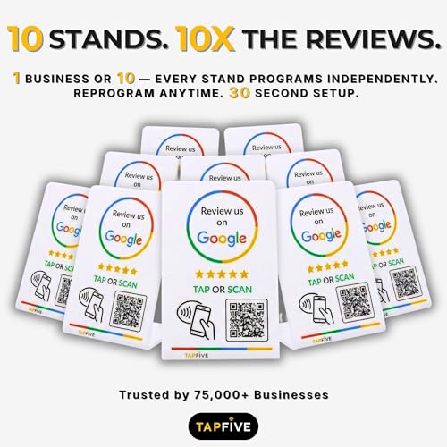 Image of Google Review Stand by TapFive - NFC Tap & QR Code Sign for Restaurants, Salons, Retail & Front Desks | QR Code Stand - Tap to Review | No Monthly Fees (White, 10 Stands)