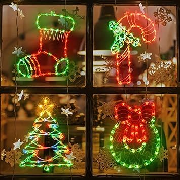 LAMPHOME 4 Pack Lighted Candy Cane, Wreath, Stocking, Christmas Tree Window Silhouette Lights Decorations for Party, Home, Patio, Lawn, Garden