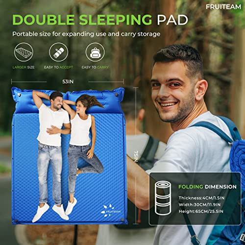 Image of FRUITEAM Double Sleeping Pad for Camping, Self Inflating Camping Pad, Camping Air Mattress, 2 Person Camping Mat with Pillow, Inflatable Foam Camping Pad for Backpacking, Hiking, Blue