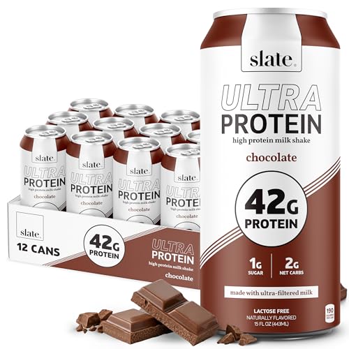 Slate Milk - Ultra Protein Shake - Chocolate - 42g Protein, 1g Sugar, 190 Calories, 2g Net Carbs - Lactose Free, No Added Sugar - Made with Ultra Filtered Milk - Breakfast Boost, Post Workout - 15 fl oz, 12 Cans