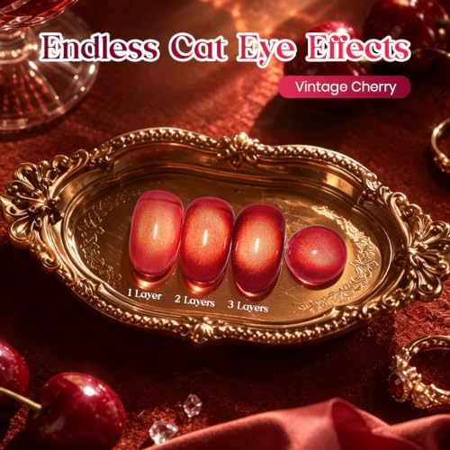 Image of Beetles Red Cat Eye Gel Nail Polish, 15ml Vintage Cherry Magnetic Gel Shine | with 2 Magnets, Glass Cat Eye 3D Shimmer Fall Gel Soak Off UV LED Nail Art Manicure for Women Salon and Home Use