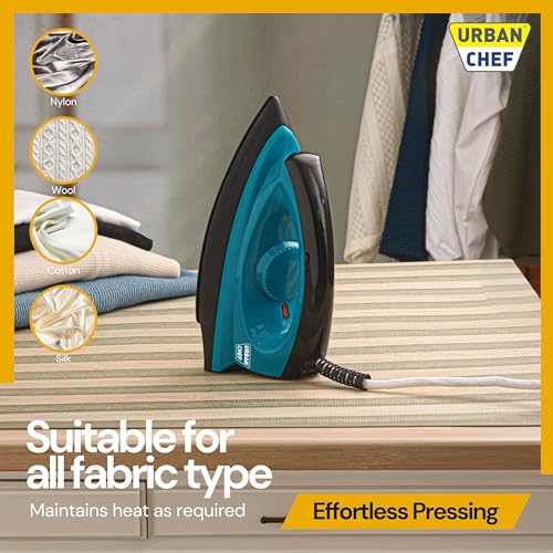 Image of Urban Chef Ease Pro Iron Press |1 Year Warranty|1000 Watt, Iron Box, Press Iron, Electric Iron,Dry Iron,Iron for Clothes, Press, Light Weight, Non-Stick Coated Heavy Sole Plate-Turquoise & Black
